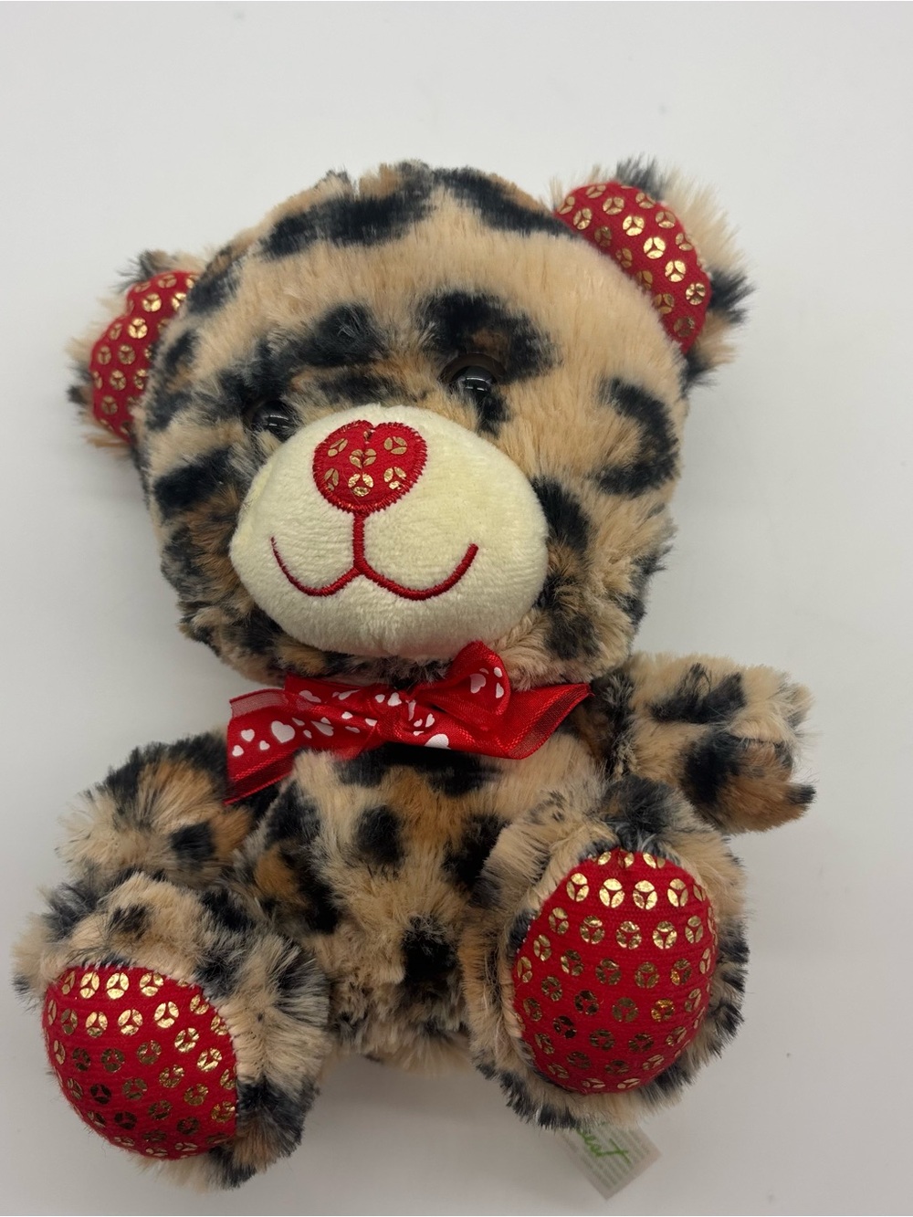 Leopard Print Plush Teddy Bear with Red Accents